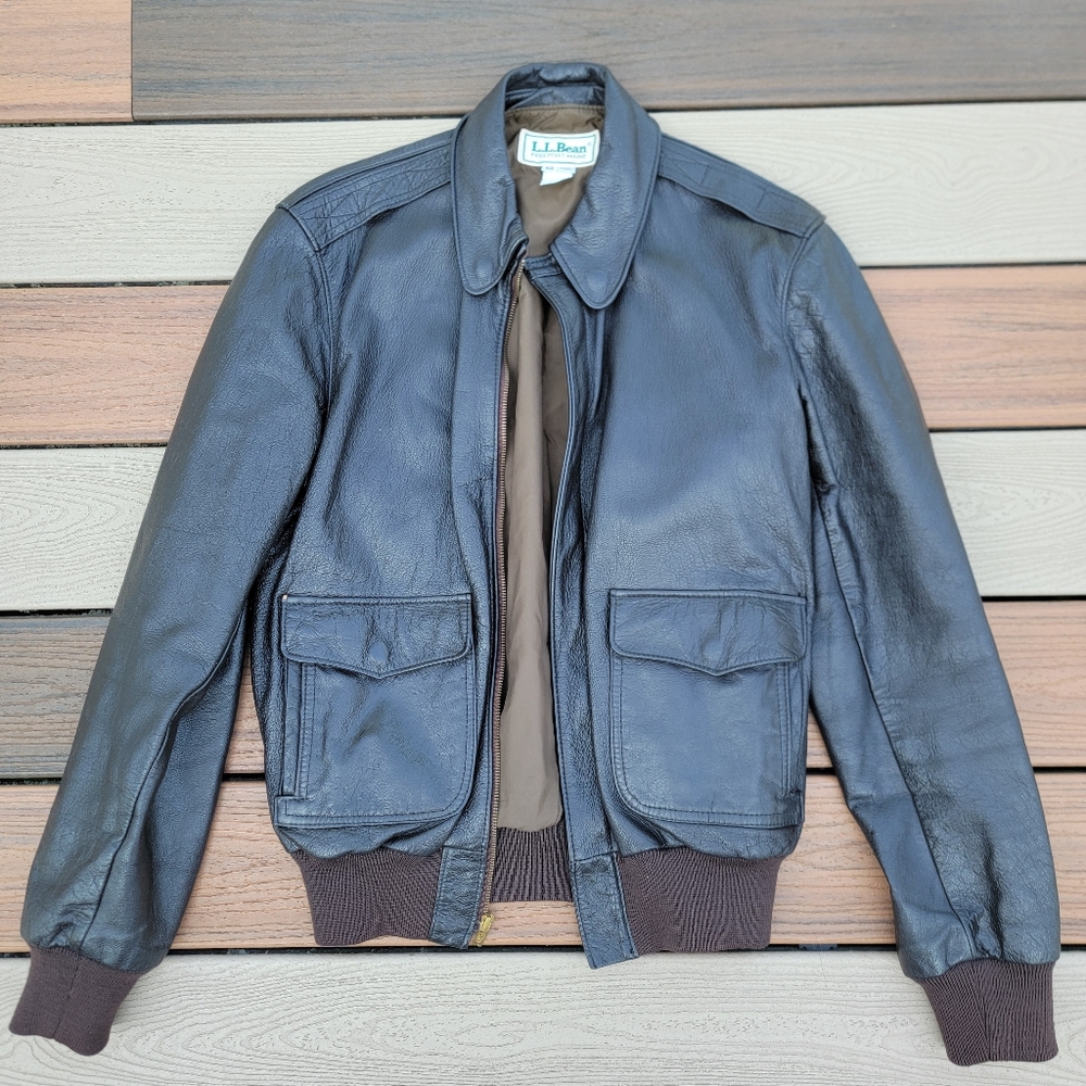 Vintage L.L. Bean Brown Goatskin Leather Jacket with Wool Trim